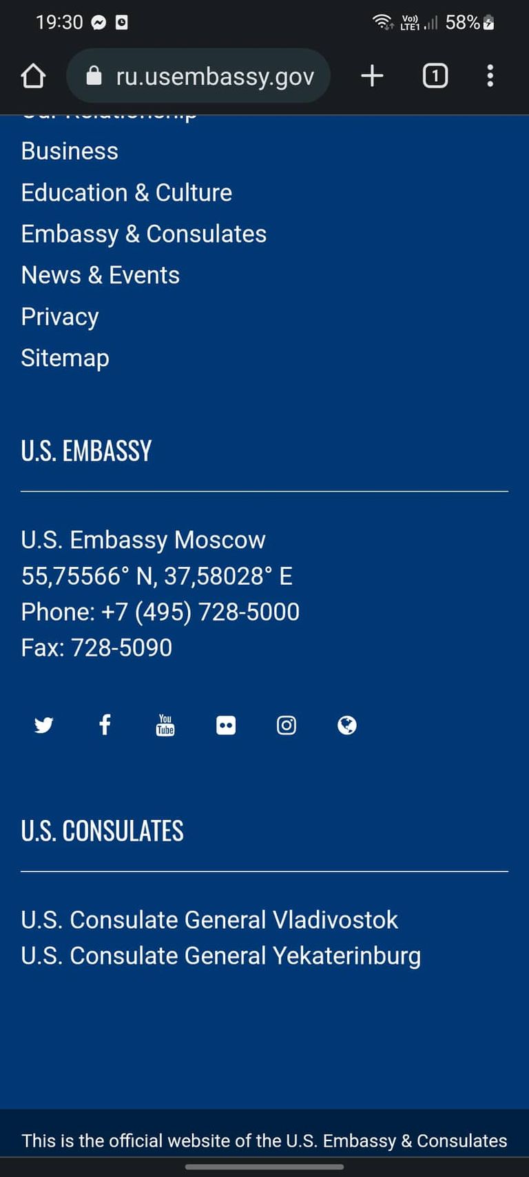 Moskvas asuv USA saatkond on kodulehele lisanud vaid oma asukoha kordinaadid.