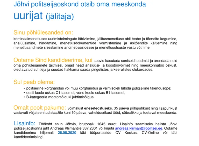 Uurija / jälitaja töökuulutus