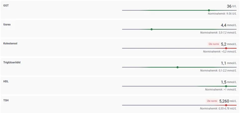 Näiteks ühe patsiendi puhul on näha, et kolesterool on üle normi ehk punane. Perearsti hinnangul külvab analüüsivastuste selliselt kuvamine asjatut paanikat.