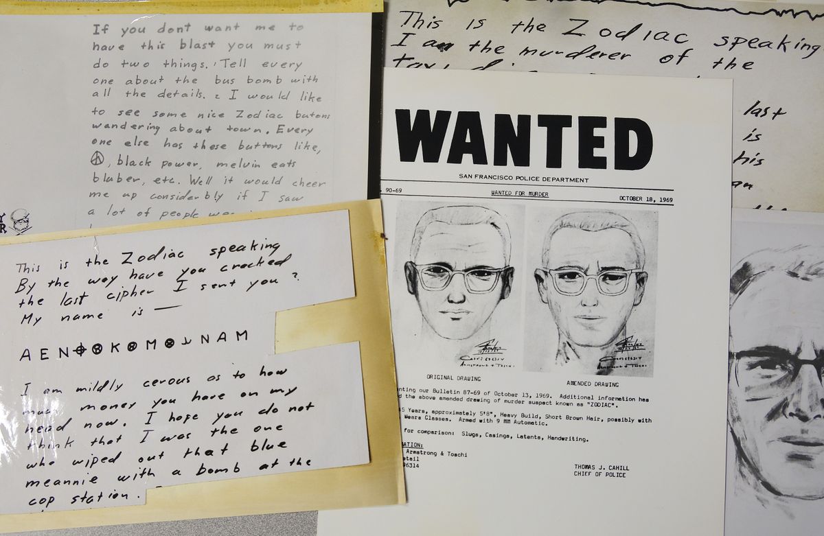 San Francisco politsei avaldatud krimikunstniku joonistused, milline võis Sodiaagimõrvar välja näha. Pildil on ka kirjad, mille salapärane tapja saatis väljaannetele