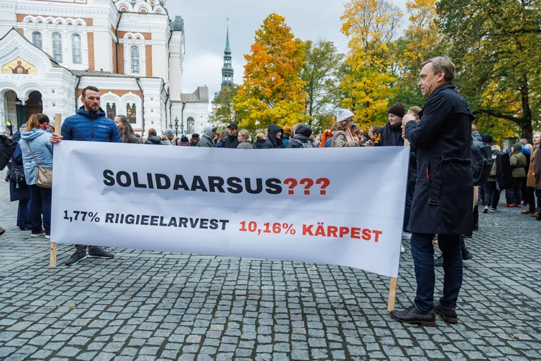 Loomeliite ja kultuuritöötajaid pikett Riigikogu ees kus protesteeriti kultuurivaldkonna kärbete vastu.