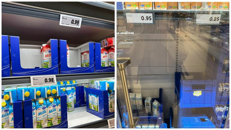 Слева цены на молоко в магазине в Таллинне, справа - в Хельсинки. Поскольку в Финляндии не распространено упаковывать молоко в пакеты, в таллиннском магазине мы так же обратили внимание на молоко в коробках.