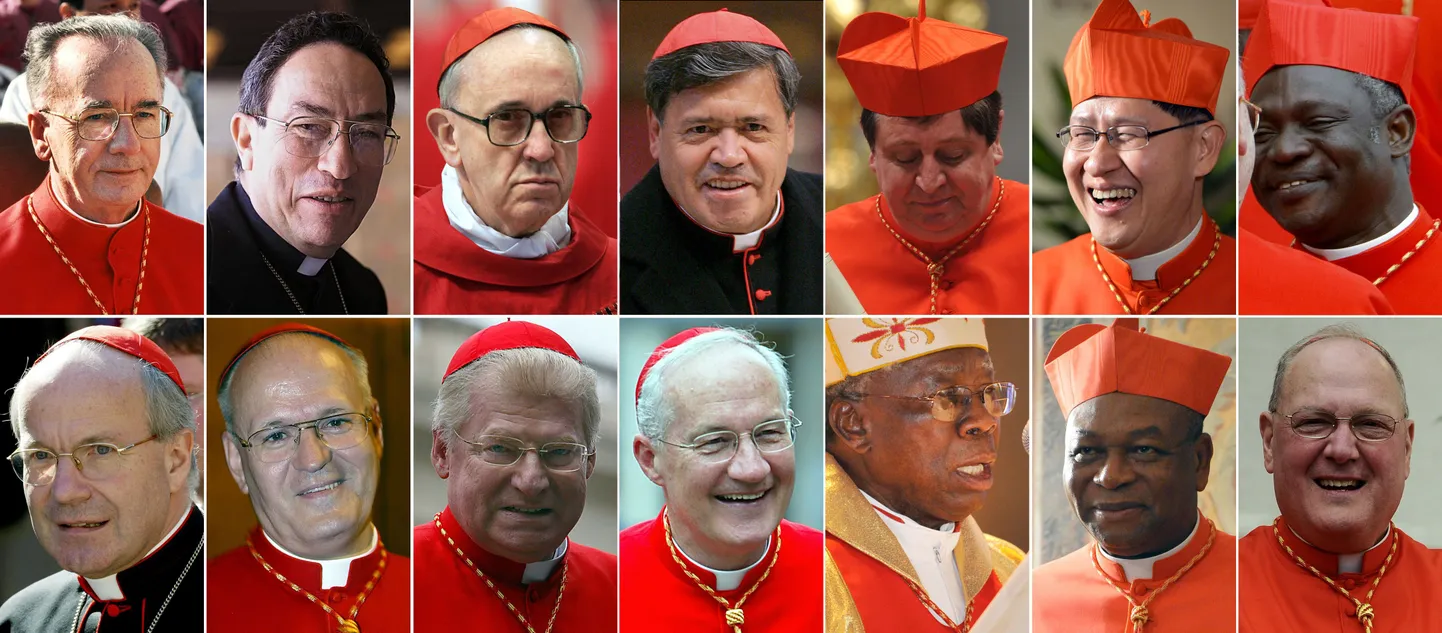 14 kardinali, kelle seas võib olla tulevane paavst. Ülemine rida, vasakult: Brasiilia kardinal Claudio Hummes, Hondurase kardinal Oscar Andres Rodrigues Maradiaga, Argentina peapiiskop Jorge Mario Bergoglio, Mehhiko kardinal Norberto Rivera Carrera, Brasiilia kardinal Joao Braz de Aviz, Filipiinide kardinal Luis Antonio Tagle ja Ghana kardinal Peter Turkson. Alumine rida, vasakult: Austria kardinal Cristoph Schonborn, Ungari kardinal Peter Erdoe, Itaalia kardinal Angelo Scola, Kanada kardinal Marc Ouellet, Nigeeria kardinal Francis Arinze, Nigeeria kardinal John Onaiyekan ja USA kardinal Timothy Dolan.