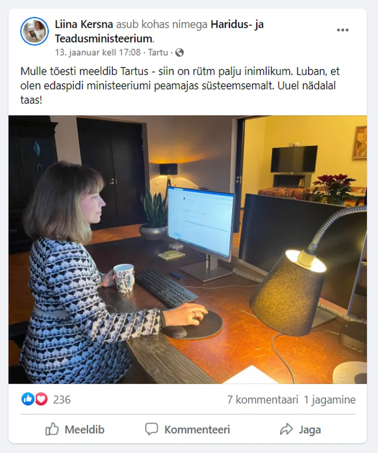 Kuvatõmmis Liina Kersna Facebooki postitusest.