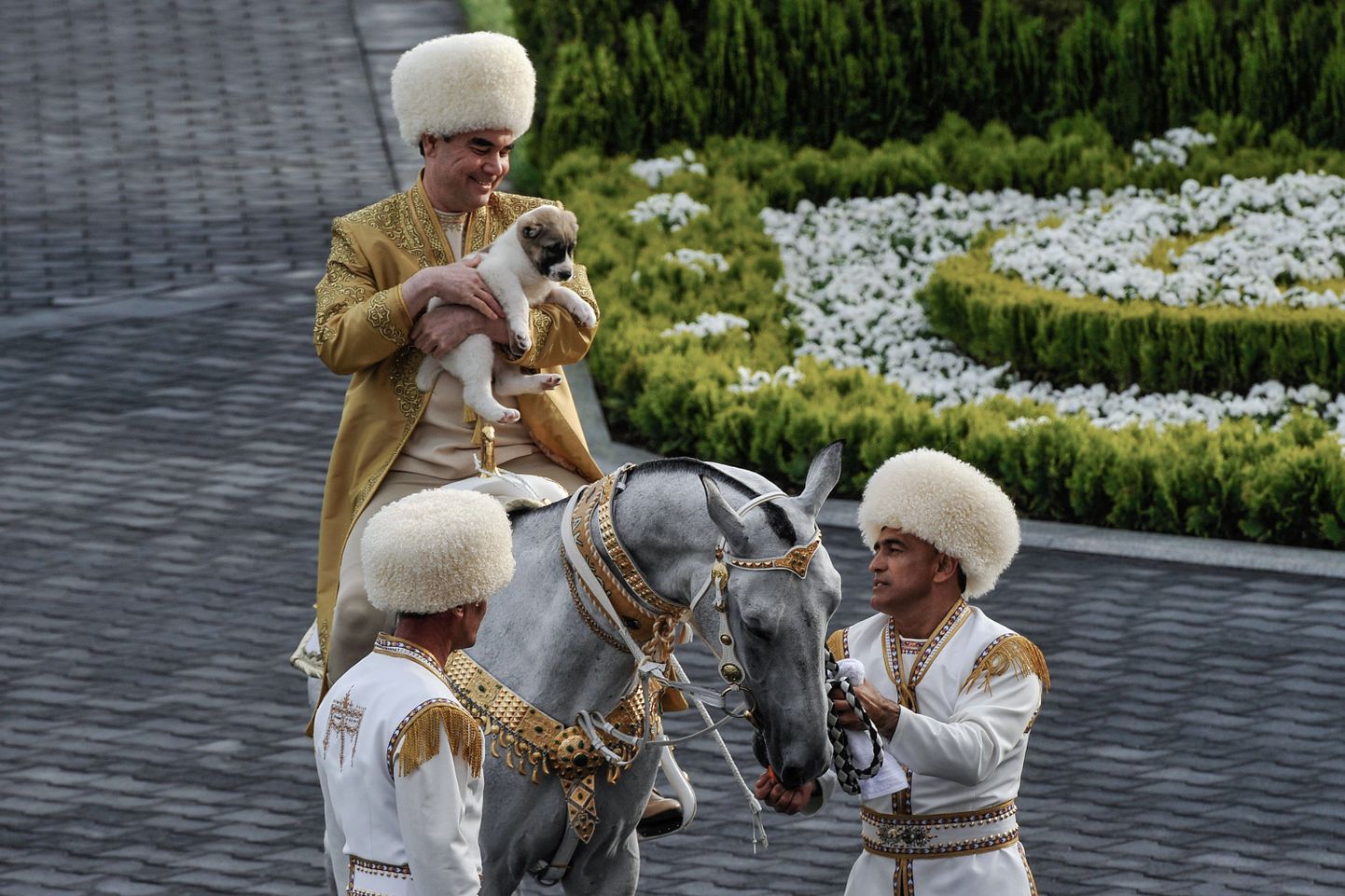 Gurbangulõ Berdõmuhhamedov koeraga hobuse seljas. Pilt on illustratiivne.