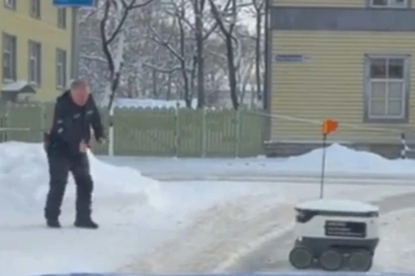 Полицейский помогает посылочному роботу перейти через дорогу.