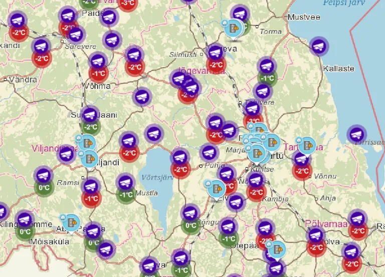 Состояние дорог на дорогах Центральной Эстонии и Тартуского уезда по состоянию на 14:15 вторника.