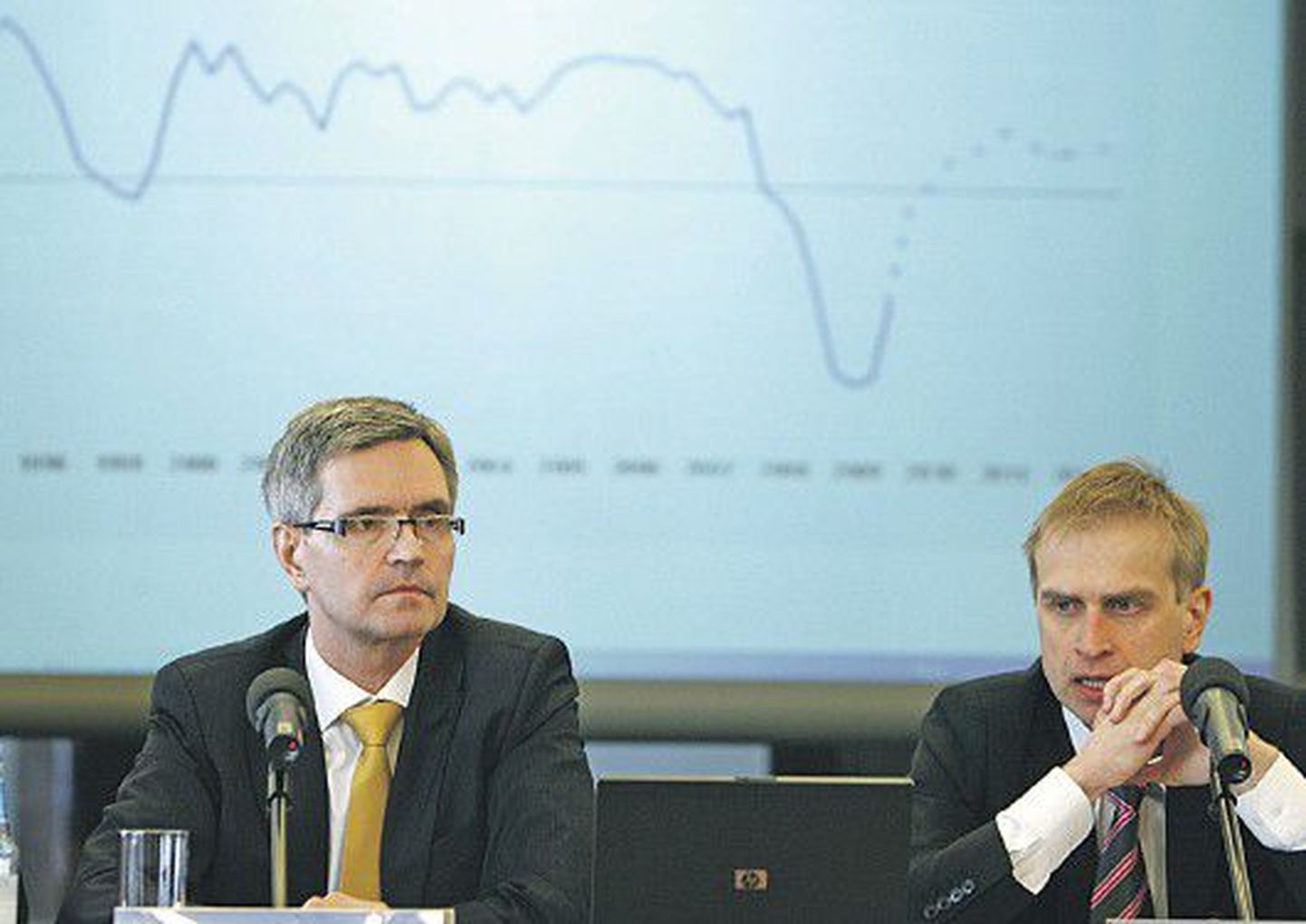 Президент Банка Эстонии Андрес Липсток (слева) и вице-президент Мяртен Росс представили экономический прогноз развития Эстонии на 2010-2012 годы.