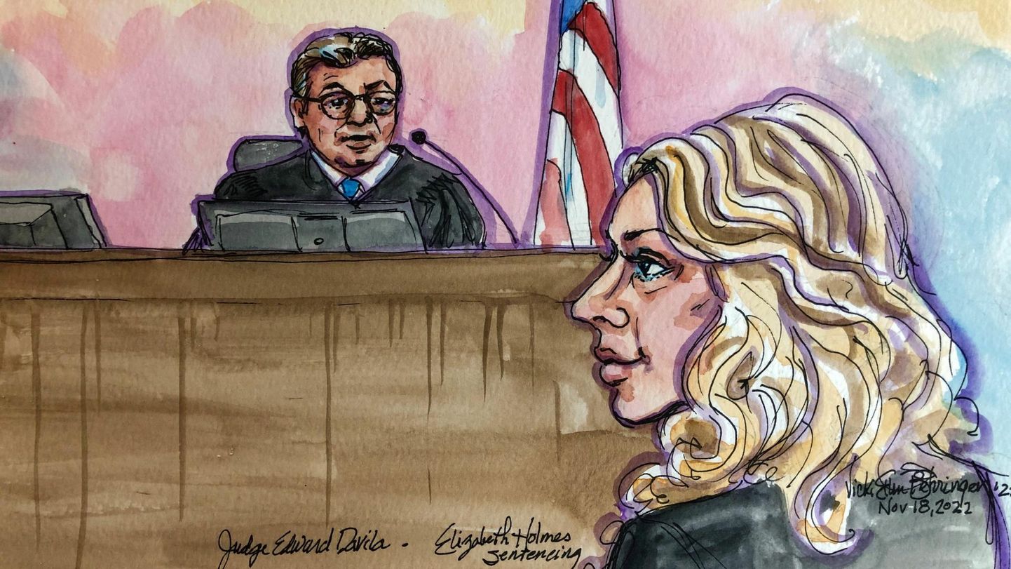 Kunstnik Vicki Behringeri illustratsioon Elizabeth Holmesist kohtupingis 18.11.2022. REUTERS/Vicki Behringer