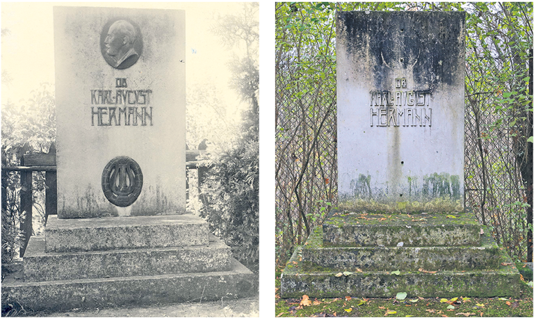 Karl August Hermanni tähenduslike sümbolitega hauasammas 1926. aastal ja üheksakümmend üks aastat hiljem.