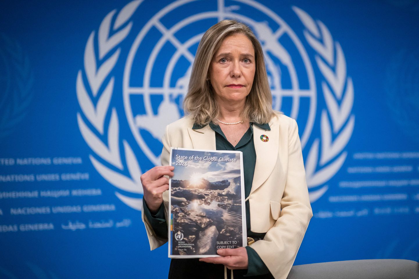 Maailma Meteoroloogiaorganisatsiooni (WMO) peasekretär Celeste Saulo esitles Genfis ÜRO allorganisatsiooni 2023. aasta üleilmset kliimaettekannet.