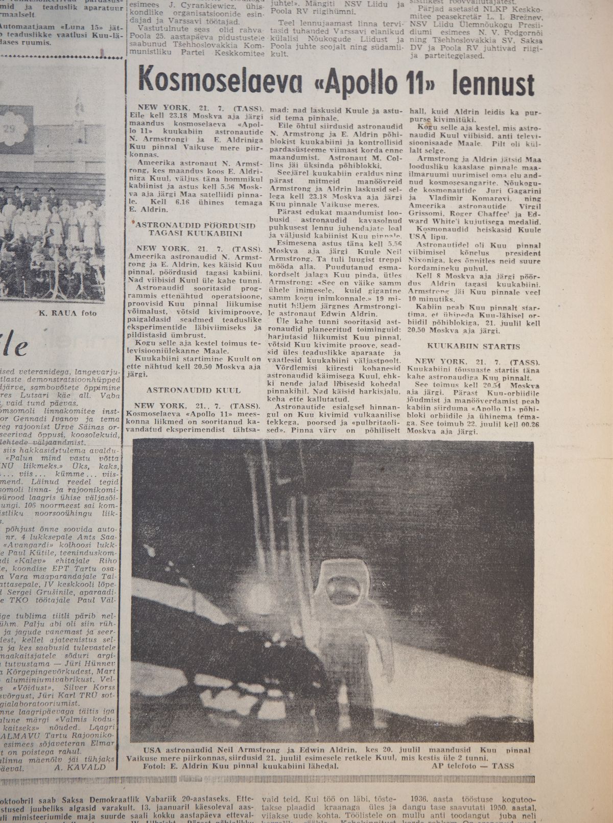 Pildil 1969. aasta 22. juuli Edasi, kus esimesel leheküljel ilmus artikkel «Kosmoselaeva «Apollo 11» lennust».