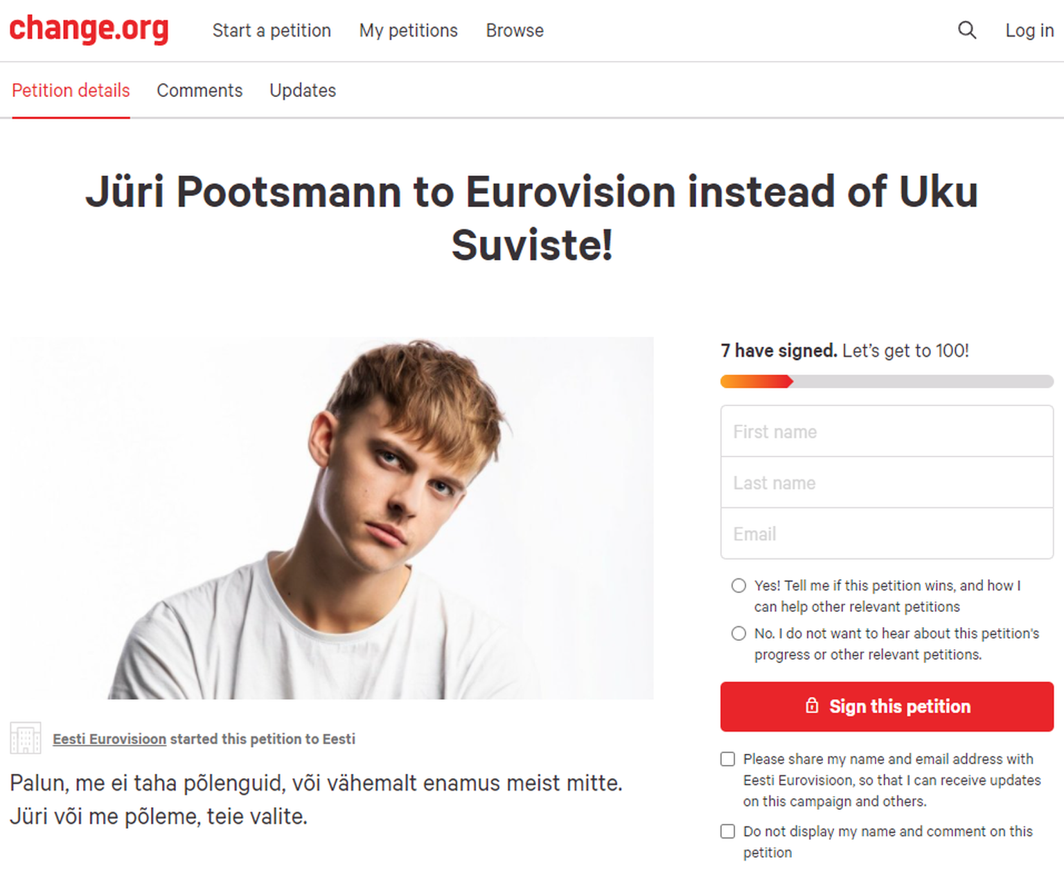 Jüri Pootsmanni fännid nõuavad, et Uku Suviste asemel läheks Eurovisioonile nende lemmik.