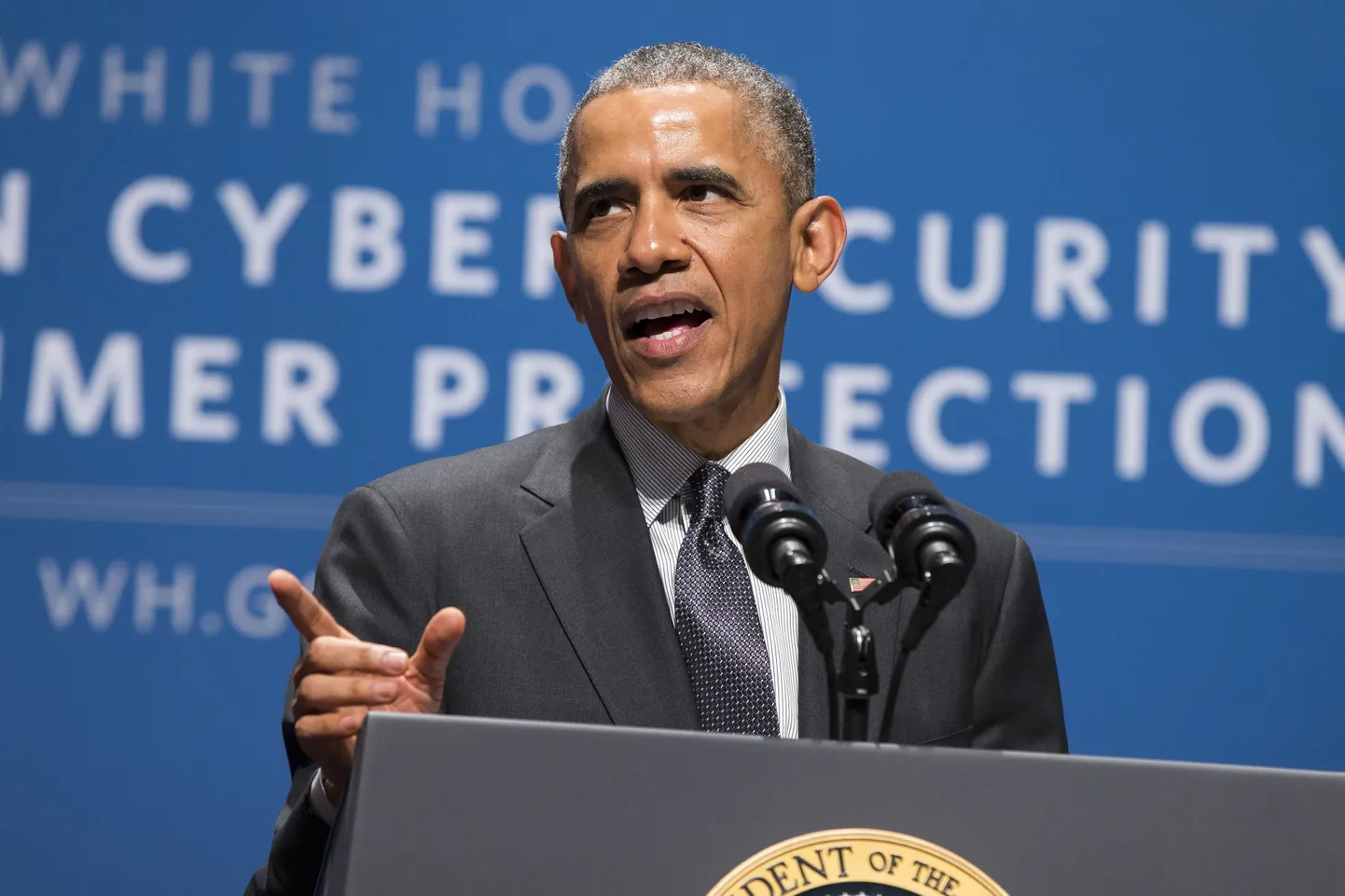 President Barack Obama speaks during a summit on cybersecurity and consumer protection, Friday, Feb. 13, 2015, at Stanford University in Palo Alto, Calif. The president said cyberspace is the new "wild West" _ with daily attempted hacks and people looking to the government to be the sheriff. He's asking the private sector to do more to help.  (AP Photo/Evan Vucci)