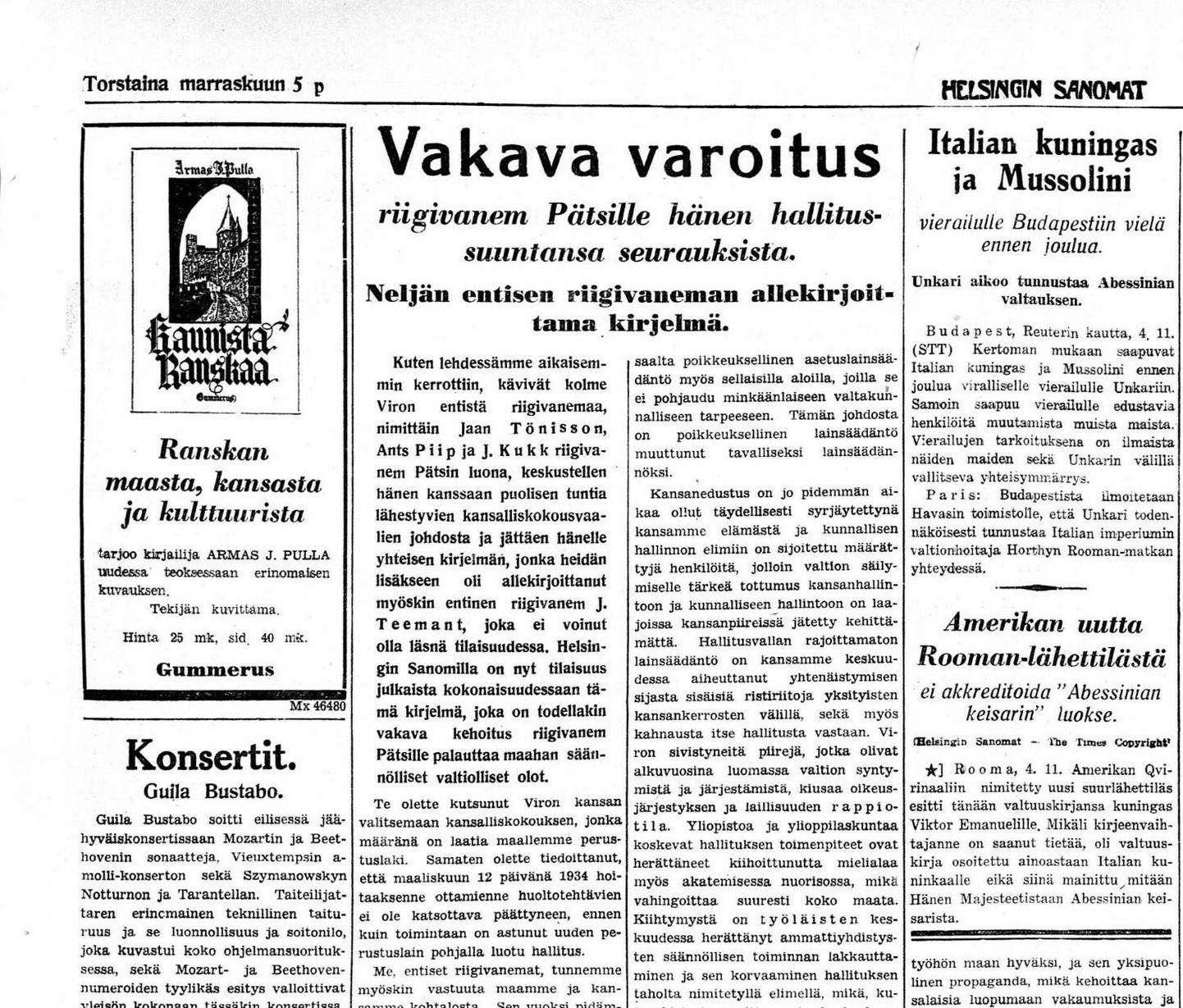 Eesti endiste riigivanemate pöördumise algus 5. novembri 1936 Helsingin Sanomates.