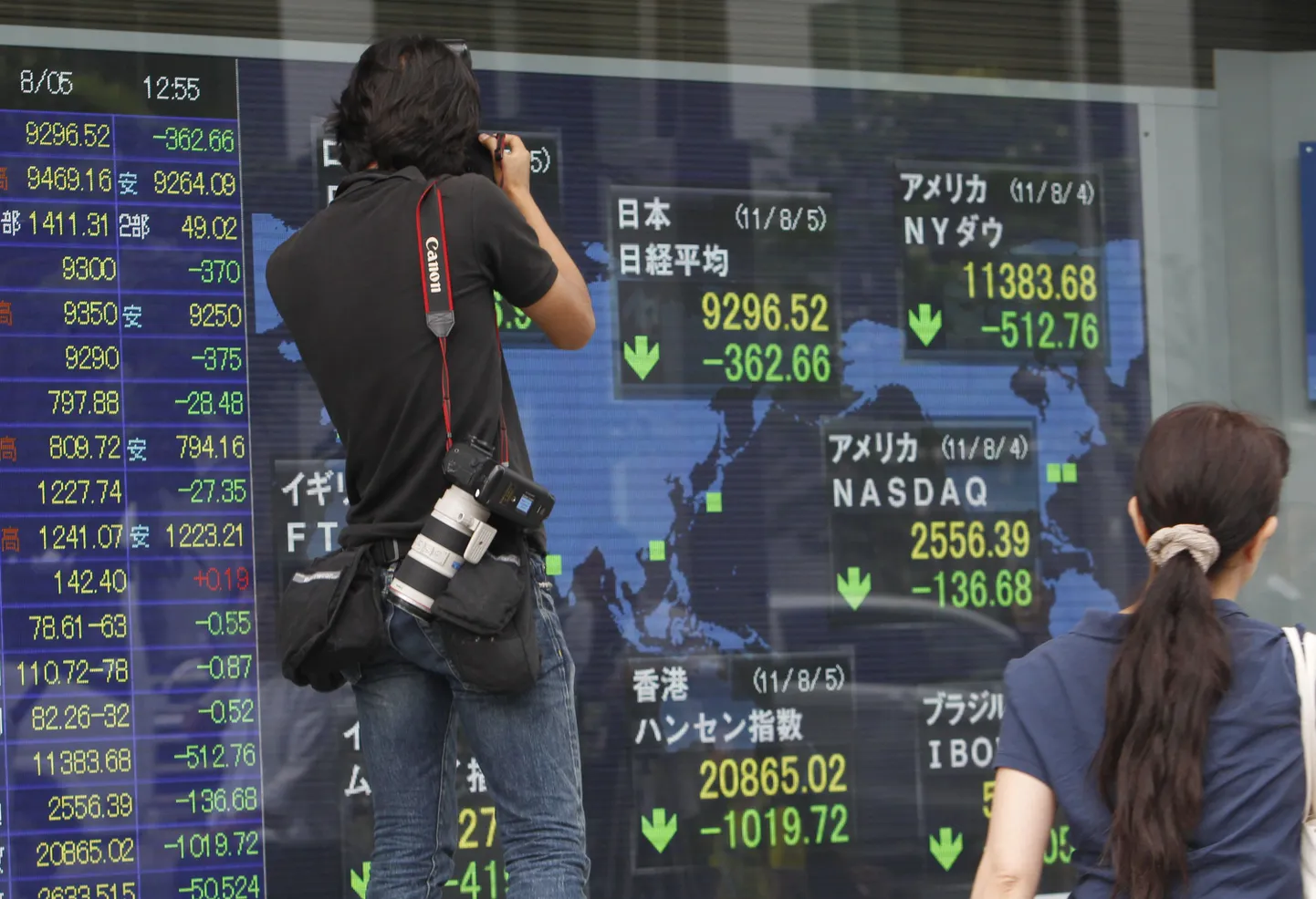Pressifotograaf püüab Tokyos kaadrisse tuntud börsiindeksite langusnäitajaid.