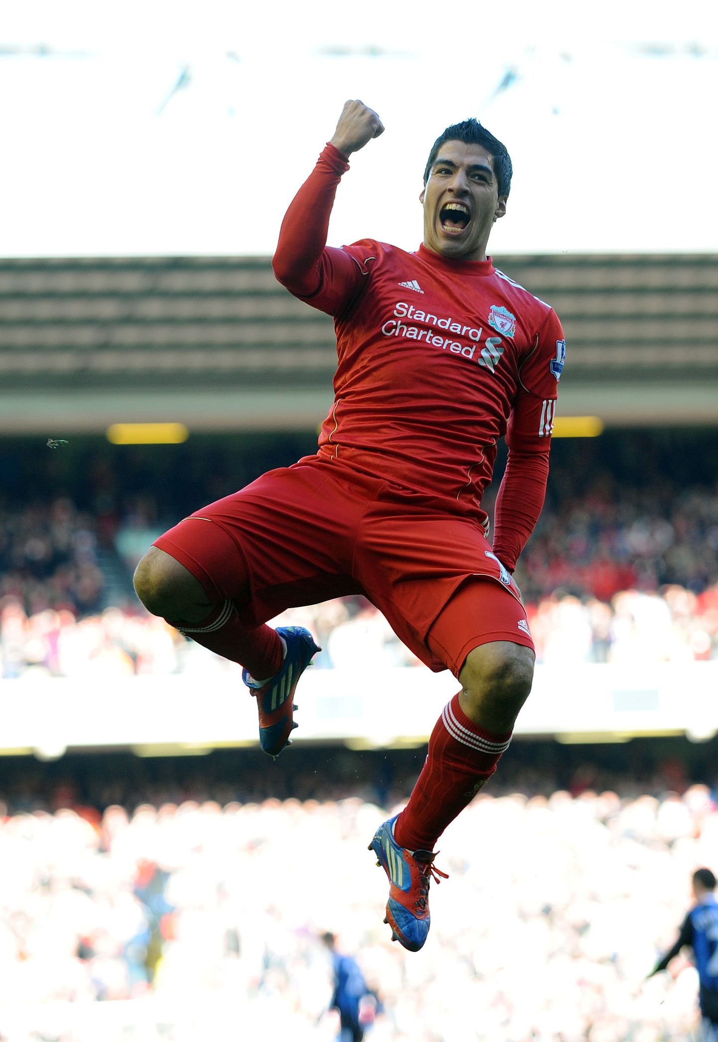 Liverpooli ründaja Luis Suarez tähistab Stoke'i võrku löödud väravat.