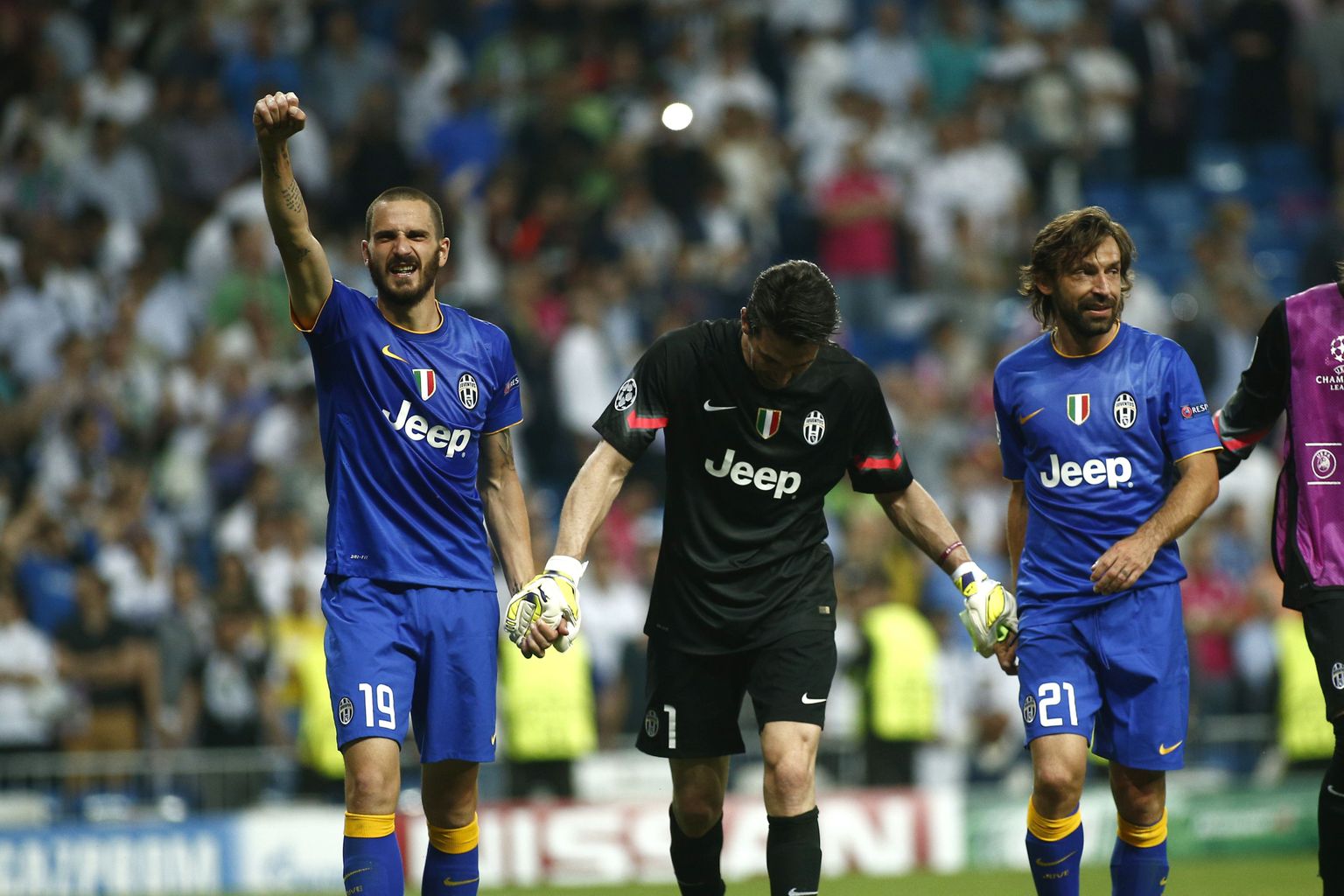 Juventuse mängumehed Leonardo Bonucci (vasakult), Gianluigi Buffon ja Andrea Pirlo.