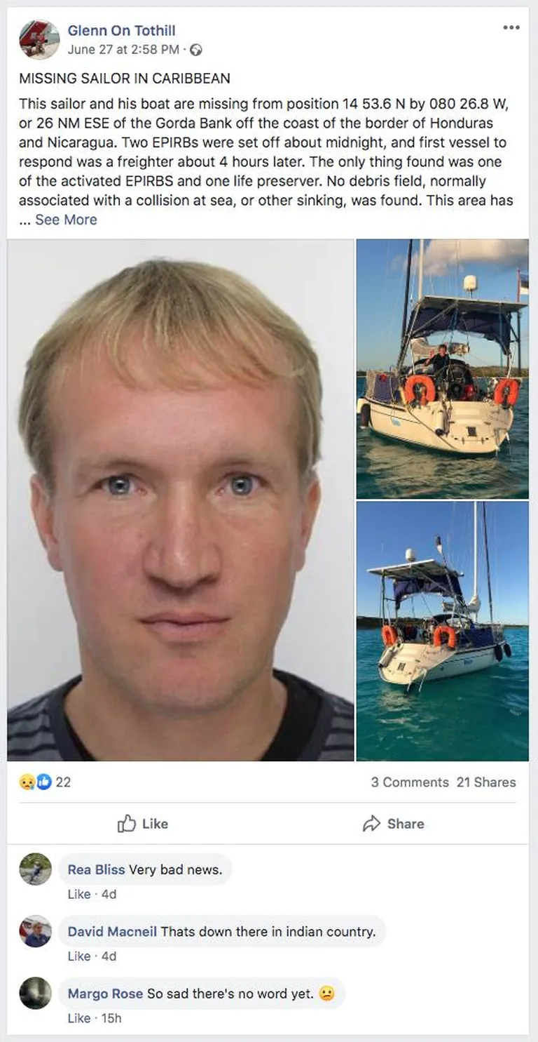 Объявление о розыске эстонского яхтсмена.