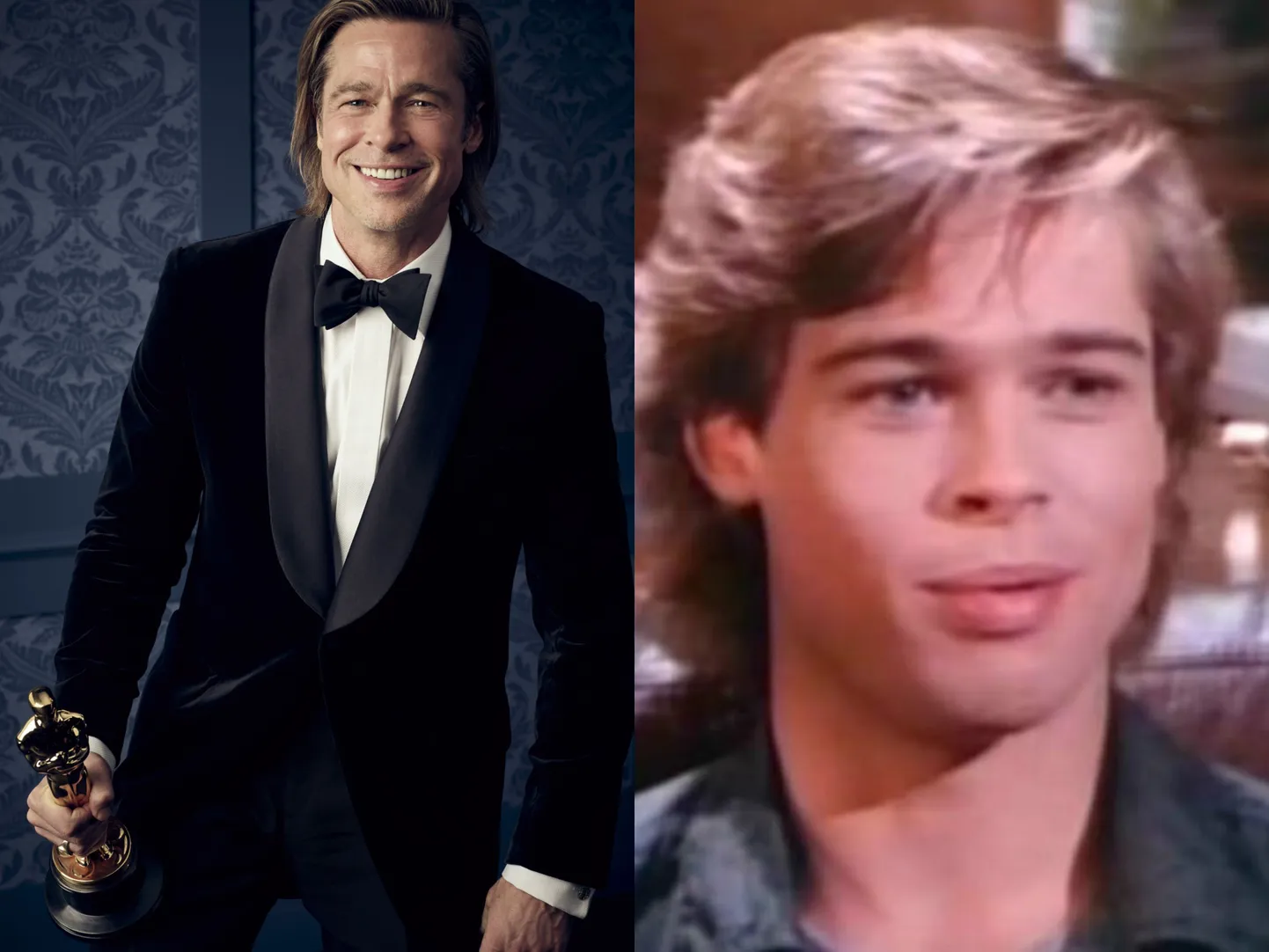 Vasakul: Brad Pitt 2020. aasta Oscarite jagamisel. Paremal:  Brad Pitt 2006. aastal seriaalis "Dallas".