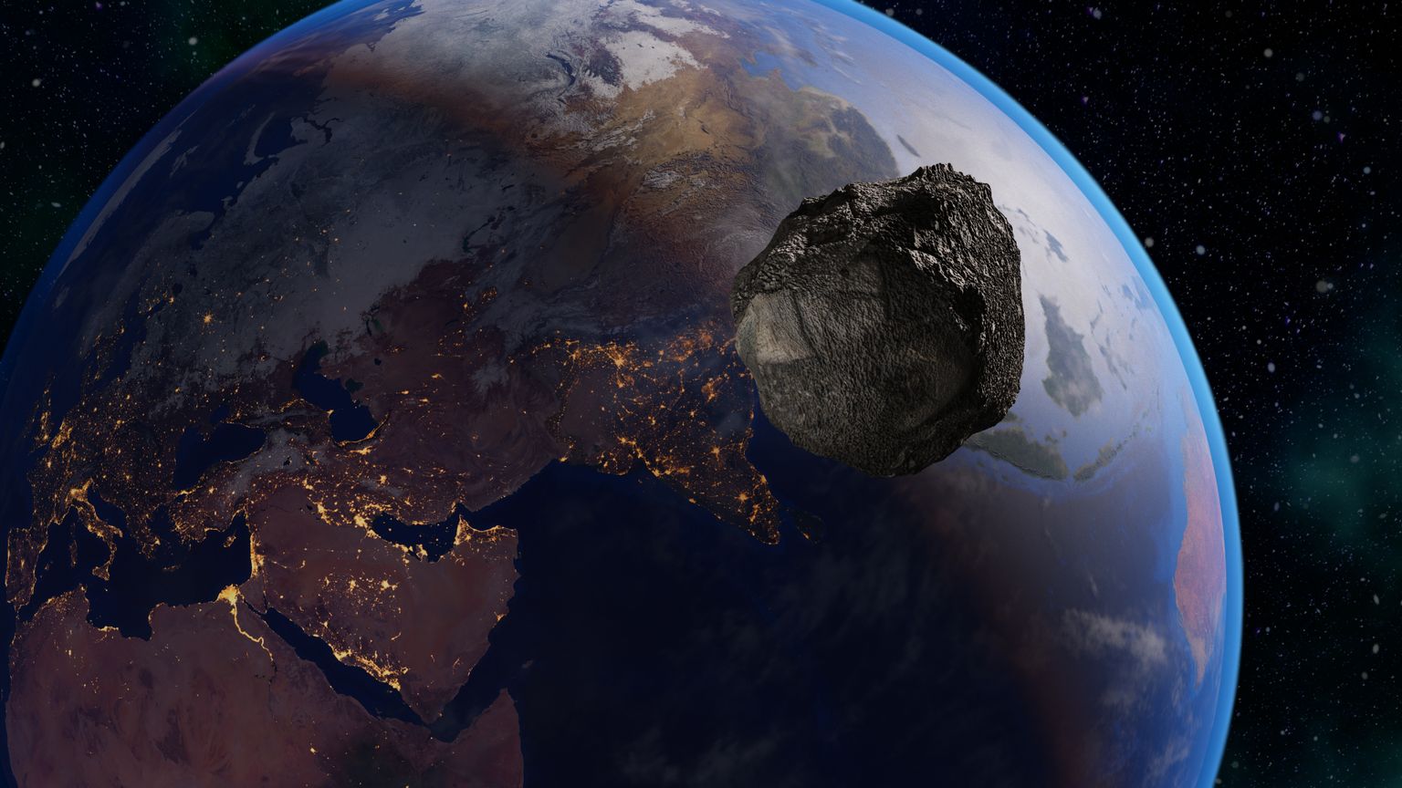 Maa ja asteroid. Pilt on illustreeriv