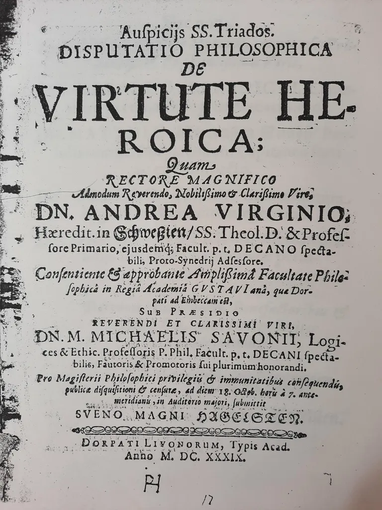 Academia Gustavianas 1639. aastal esitatud disputatsiooni «Kangelaslikkusest» tiitelleht.
