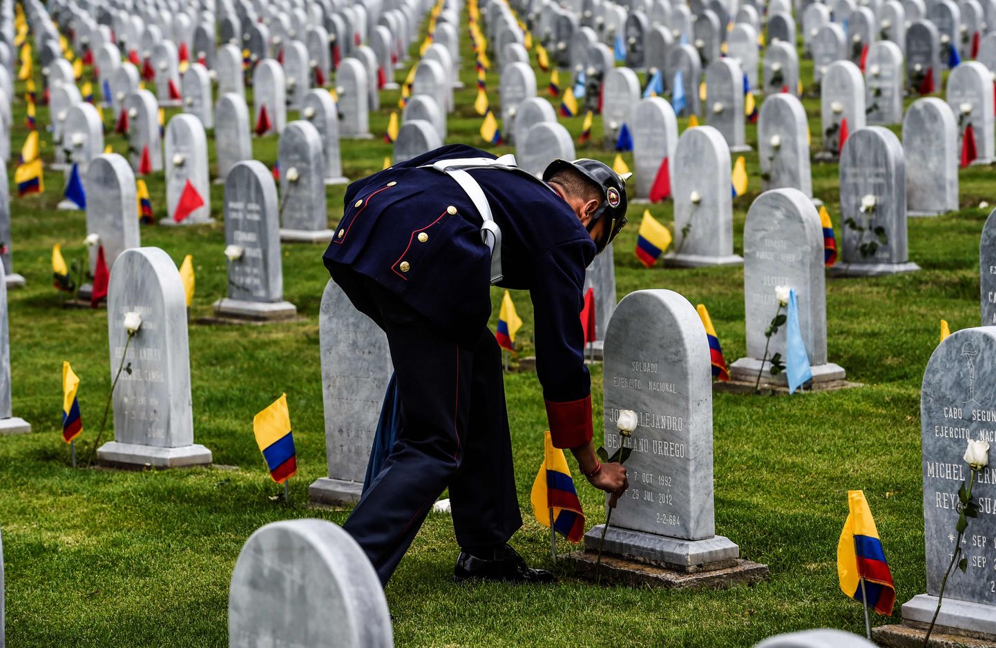 Colombia sõdur asetamas 1. novembril pealinnas Bogotá kalmistul lille teenistuskohuseid täites hukkunud relvavenna mälestuseks.