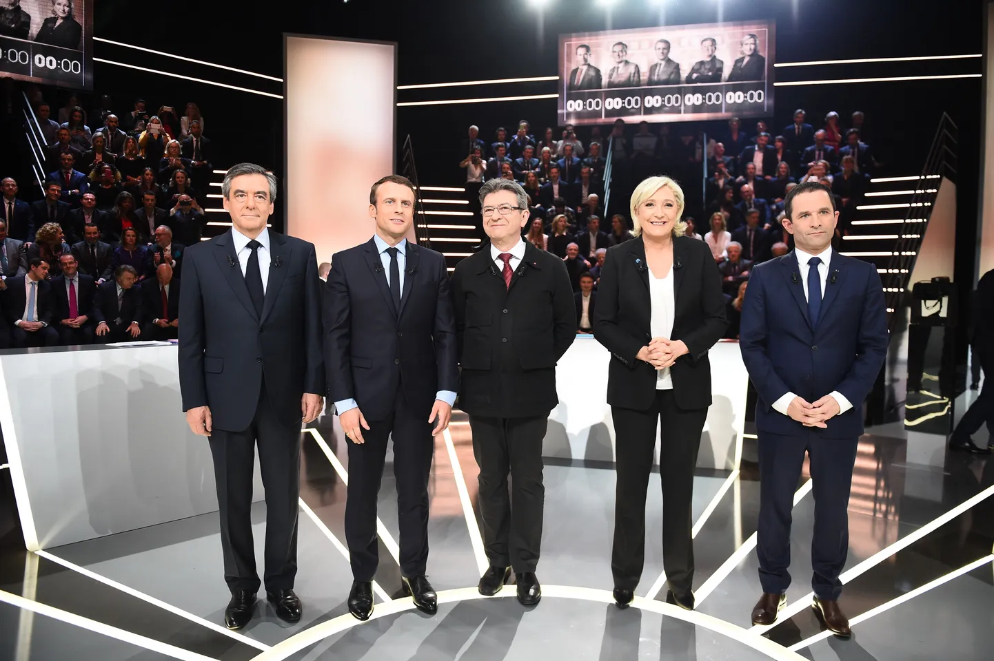 Debatil osalejad (vasakult): François Fillon, Emmanuel Macron, Jean-Luc Melenchon, Marine Le Pen ja Benoit Hamon.