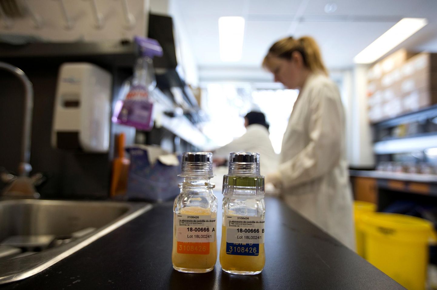 Sportlase uriiniga A- ja B-proovi pudelid Kanadas Quebeci laboris.