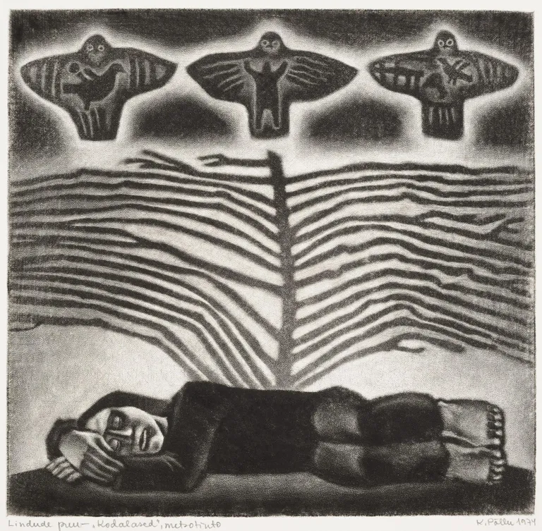 Kaljo Põllu. Lindude puu. Sarjast „Kodalased“. 1974. Metsotinto, paber Eesti Kunstimuuseum