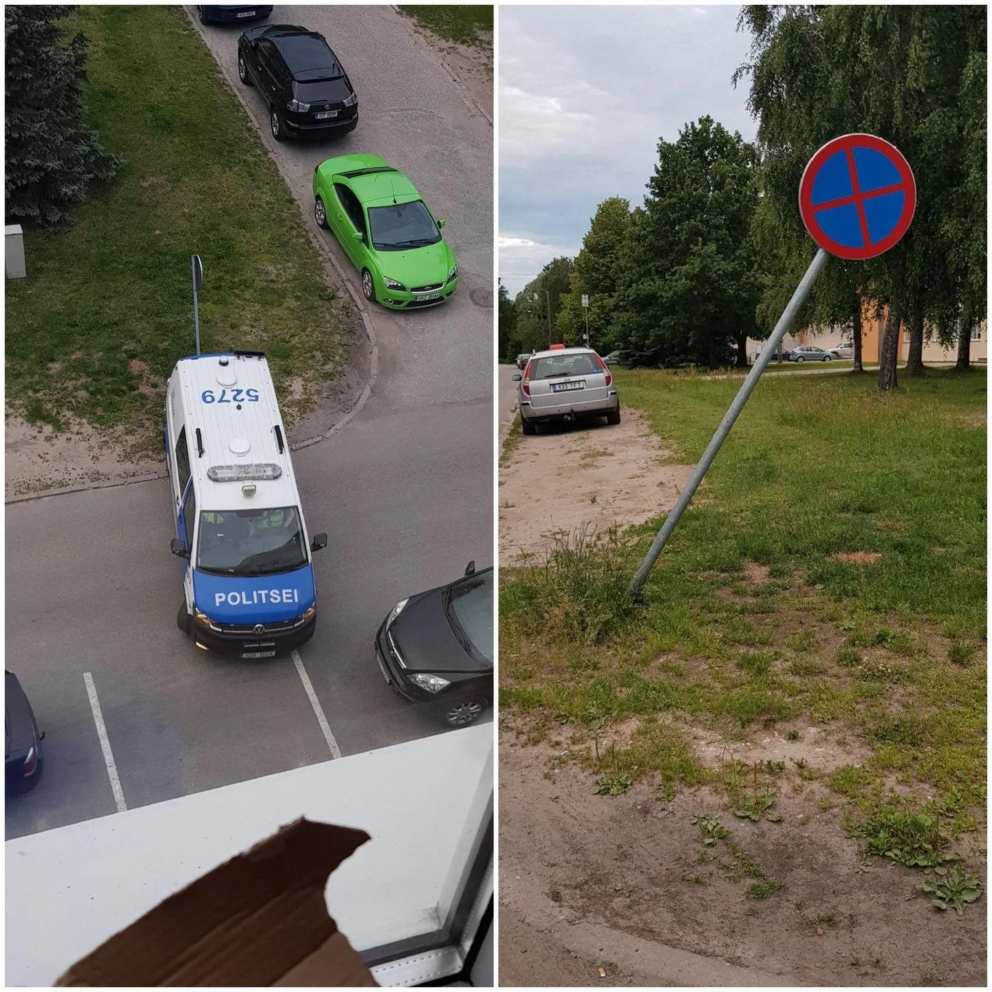 Pärnus Mai tänaval manööverdas politseiauto otsa liiklusmärgile.