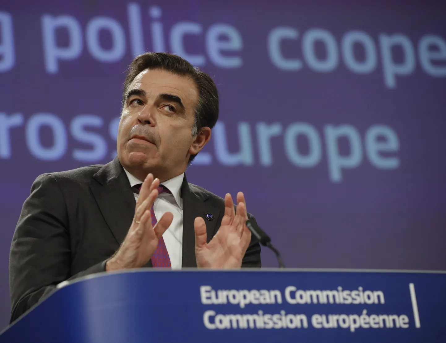 epa09629344 European Commission Vice-President for Promoting European Way of Life, Margaritis Schinas gives a press conference on police cooperation package in Brussels, Belgium, 08 December 2021.  EPA/OLIVIER HOSLET