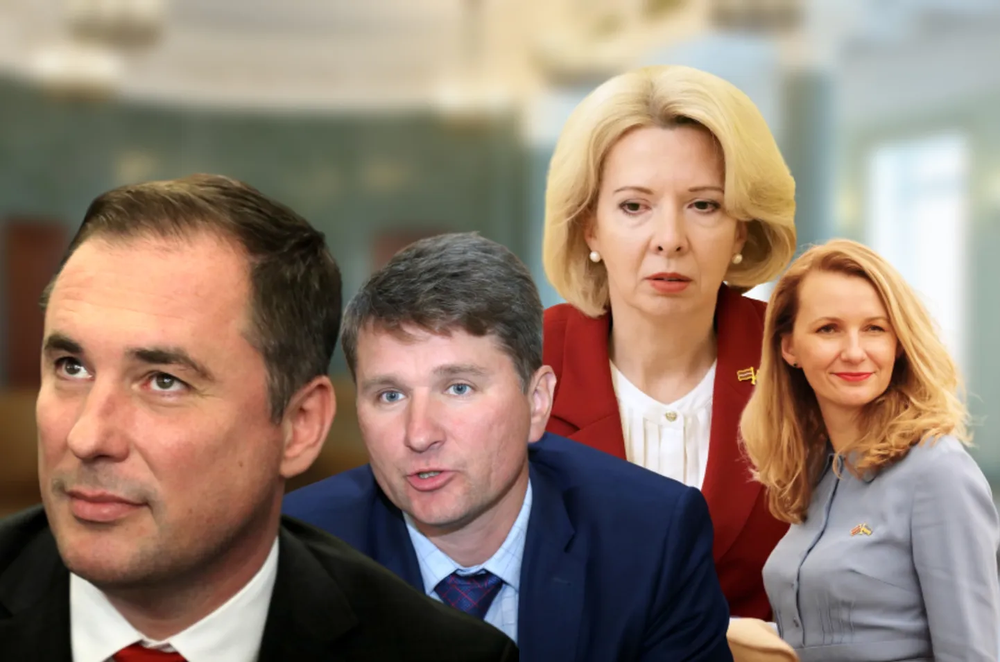 Министр земледелия Дидзис Шмитс, министр охраны среды и регионального развития Марис Спринджукс, министр оборона Инара Мурниеце, министр юстиции Инесе Либиня-Эгнере.