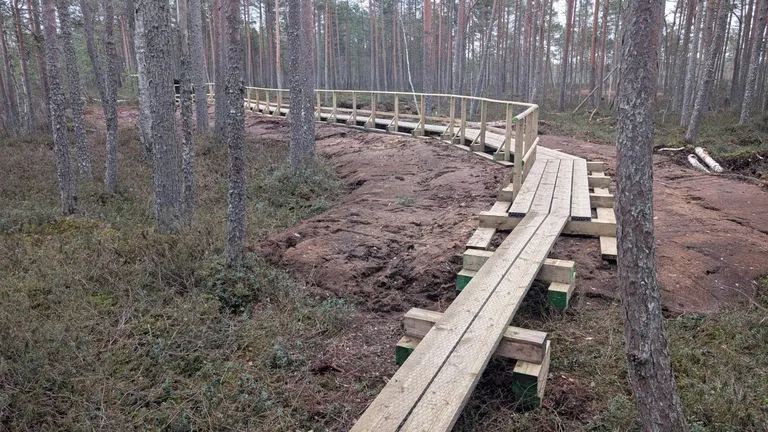 Реконструированная природная тропа проходит по геотекстильной запруде.