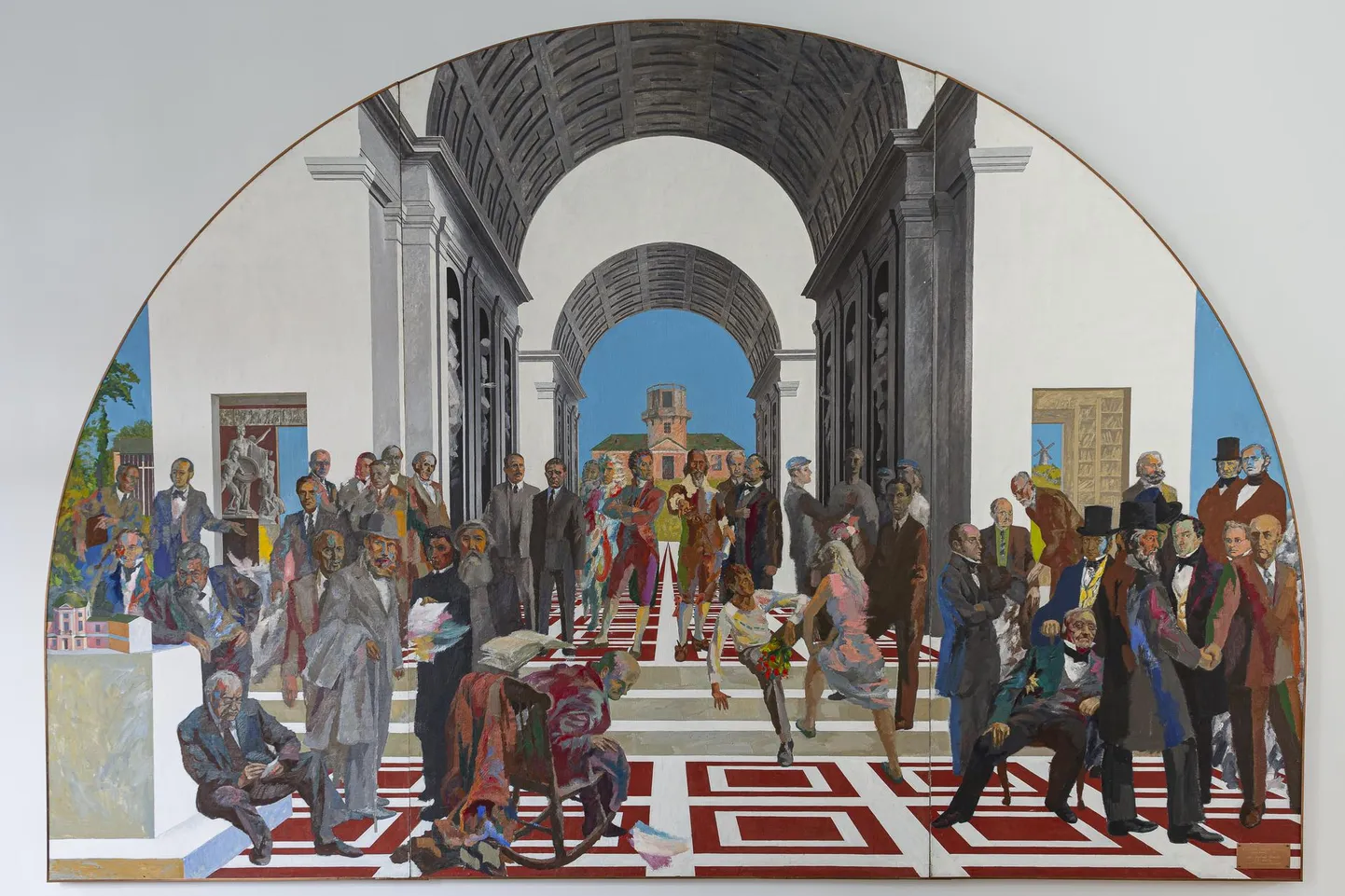 Enn Põldroosi «Universitas Tartuensis» (1982, tempera ja masoniit, 330 x 482 cm) on nii suur, et ei mahu Tartu ülikooli muuseumi ajutiste näituste saali ära, mistõttu on väljapanekus pannoo digikoopia. Originaal on rektoraadis, kus see on olnud väikeste vaheaegadega aastast 1982.
Põldroos on suurteose kompositsiooni laenanud Raffaeli kuulsalt Vatikani palee freskolt «Ateena kool». Sealse seinamaali keskmes on Platon ja Aristoteles, keda ümbritsevad õpetlased. Põldroosi pannool on kesksel kohal Tartu ülikooli loojad Johan Skytte ja Georg Friedrich Parrot. Nende ümber on professorid, teadlased, rektorid ja mõned üliõpilased, taamal on ülikooli tähetorn, külgedel kunstimuuseumi ja raamatukogu sisevaated. 