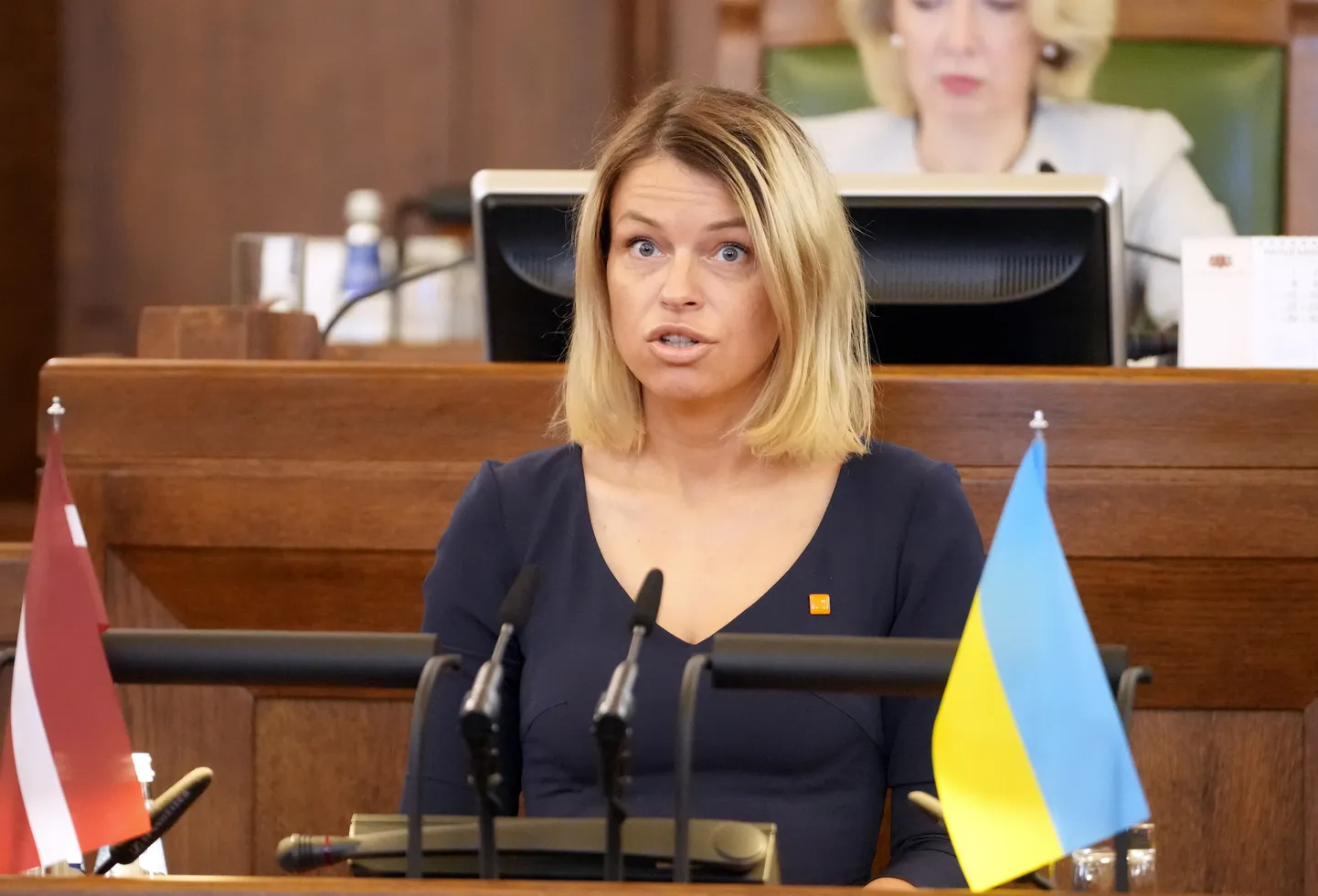 Глория Гревцова выступает в Сейме Латвии 11 января 2022 года.