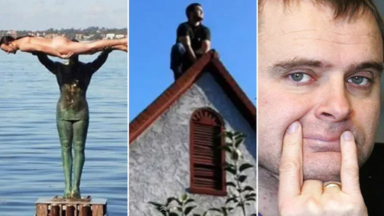Uz statujas guļošs plankingotājs, uz mājas tupošs pūčotājs un kotinga radītājs Edgars Kots