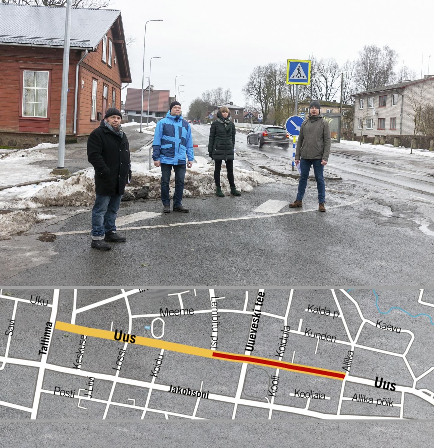 Uue tänava elanikud ei ole rahul, et tänav muudetakse kahesuunaliseks. Pildil on (vasakult) Janno Sild, Toivo Alas, Kaari Metslang ja Ats Riisenberg. Kollasega on tähistatud remonditav tänav ja punasega ala, mis muudetakse kahesuuna­liseks.