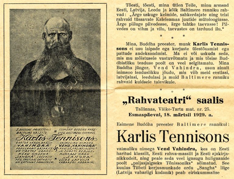 Vend Vahindra ehk Kārlis Tennisonsi aastal 1929 toimunud esinemise plakati ülemine osa.