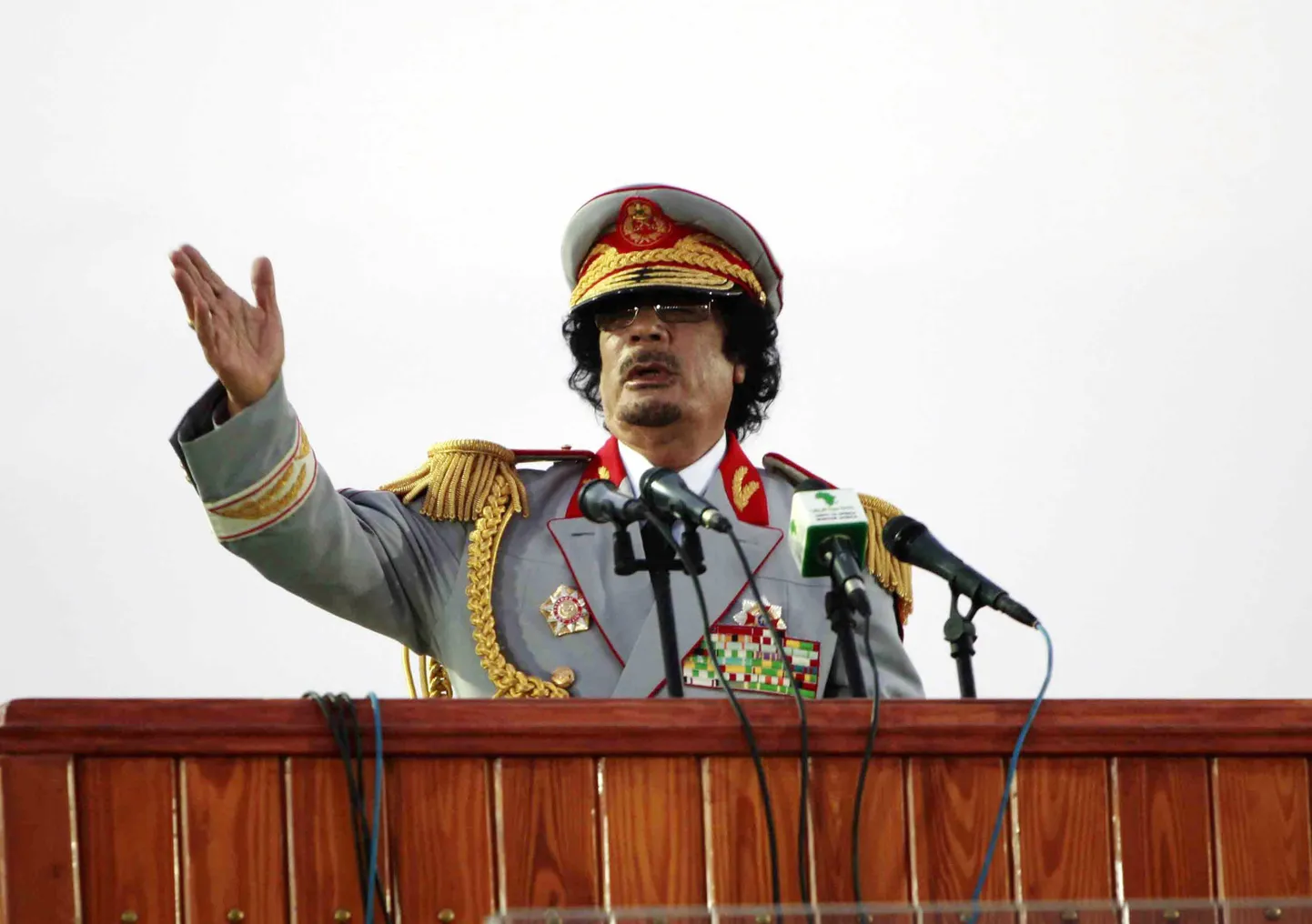 Muammar Gaddafi 2010. aastal Tripolis kõnet pidamas.