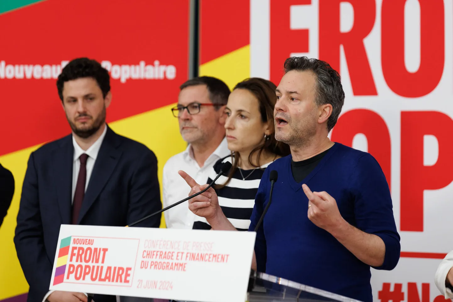 Prantsuse uue vasakpoolse koalitsiooni Uus Rahvarinne pressikonverents valimisprogrammi rahastamise kohta. 21. juuni 2024.