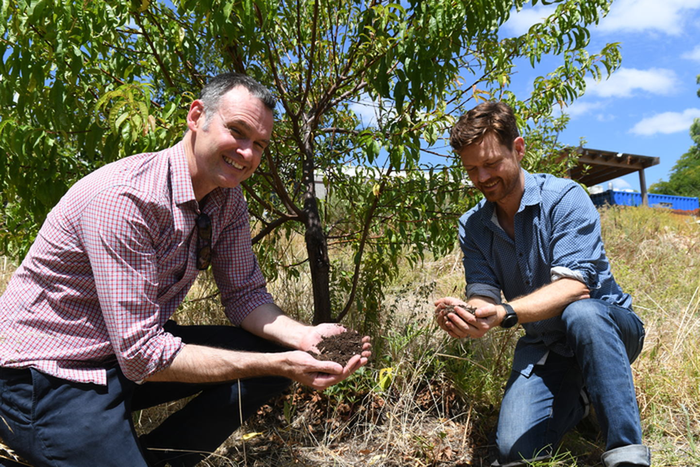 Dr Craig Liddicoat (vasakul) ja dotsent Martin Breed ühes üliõpilastele ja töötajatele rajatud söödavas aias Lõuna-Austraalias, Adelaide'is asuvas Flindersi ülikooli Bedford Parki ülikoolilinnakus.