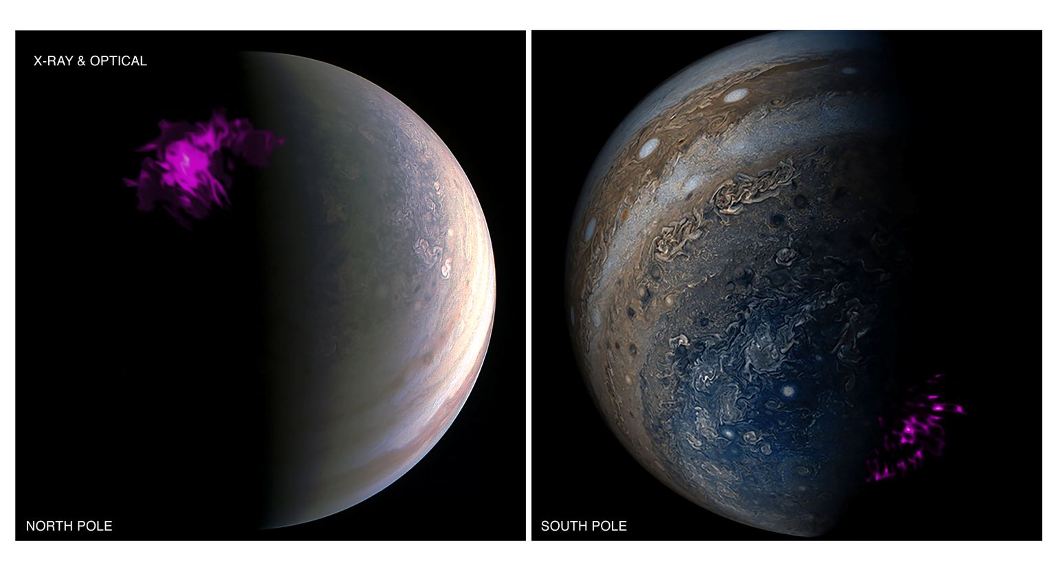 Vasakul on näha Jupiteri põhjapooluse röntgenvirmaliste (lilla) projektsioon, paremal lõunapoolsed virmalised