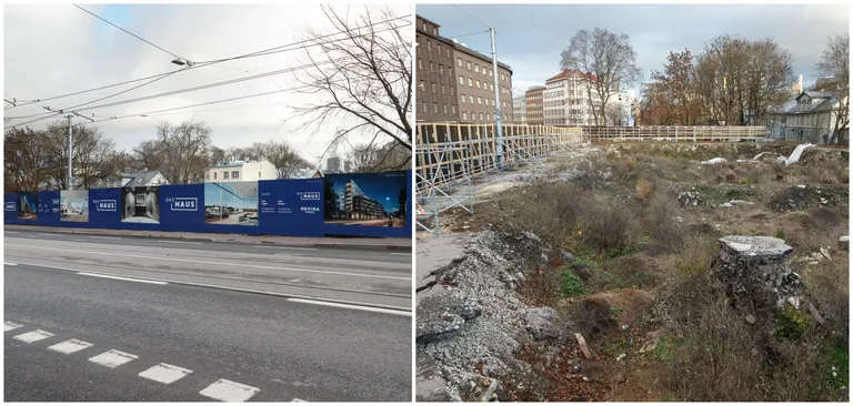 Pärnu maantee 31. Reklaam lubab, et sinna kerkib kaunis elumaja, ent teisel pool tara puuduvad ehitusmehed ja -tehnika.