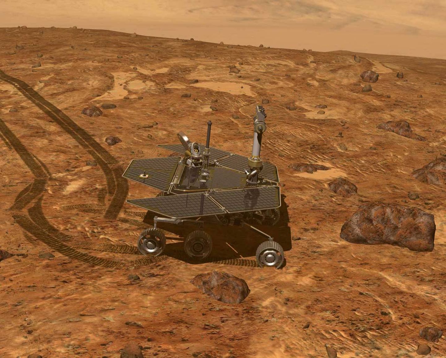 Kunstniku kujutis Opportunity'st Marsi pinnal.