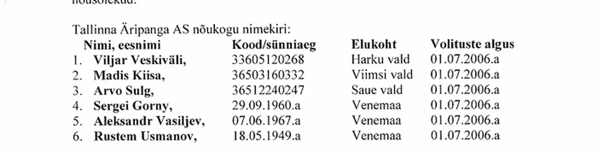 Sergei Gornõi, Aleksandr Vasiljev ja Rustem Usmanov Tallinna Äripank ASi nõukogus.