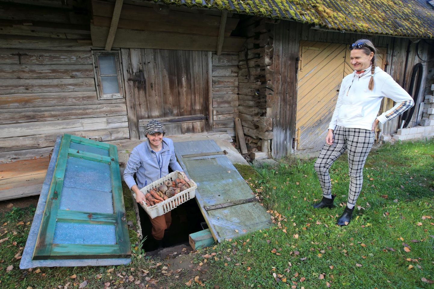 Kalda talu peremees Jaanus Välja ja köögivilju korjama tulnud Hedi Päär näitavad eriskummalise välimusega juurvilju.