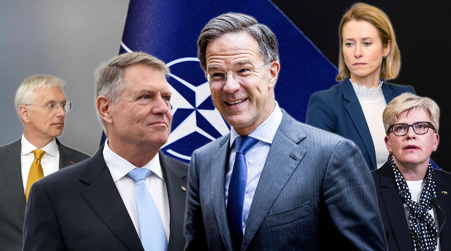 NATO juhi kandidaadid Mark Rutte ja Klaus Iohannis ning Läti välisminister Krišjānis Kariņš (vasakul), Leedu peaminister Ingrida Šimonytė ja Eesti peaminister Kaja Kallas, keda kõiki kuluaaritasandil on samuti seostatud NATO peasekretäri ametiga.