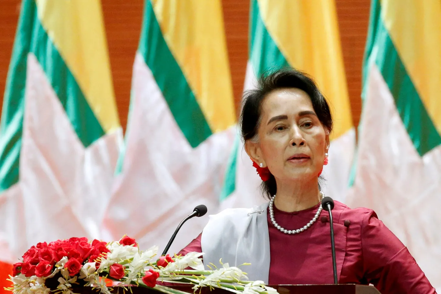 Myanmari kukutatud tsiviiljuht Aung San Suu Kyi. Foto on tehtud 2017. aasta 19. septembril, mil Suu Kyi pidas kõne seoses rohingjade olukorraga.