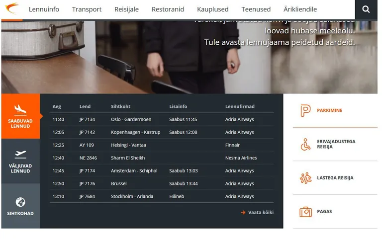 Saabuvate lendude reaalajas kuvatud info Tallinna lennujaama kodulehel kell 12.15. Foto: kuvatõmmis